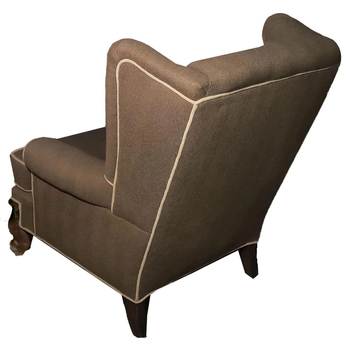 Classic Wingback Lounge Chair Upholstered in Brown & Gray Herringbone and Cream Piping - Thumbnail 3
