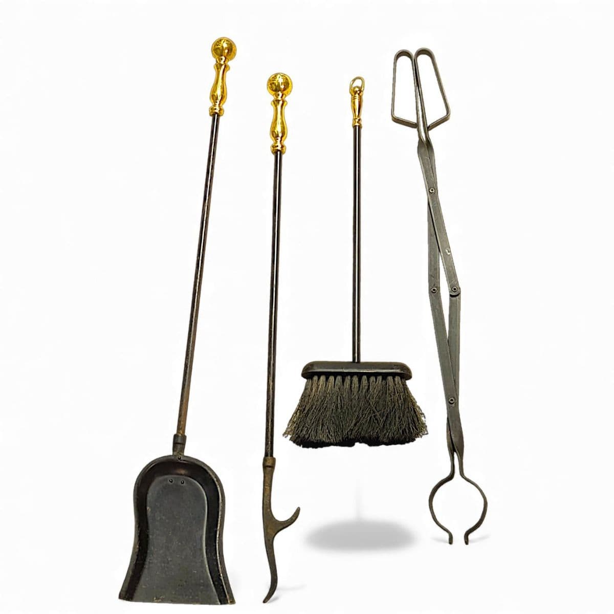Black Iron and Polished Brass Neoclassical Fireplace Grooming Tools - Set of 5 - Thumbnail 13