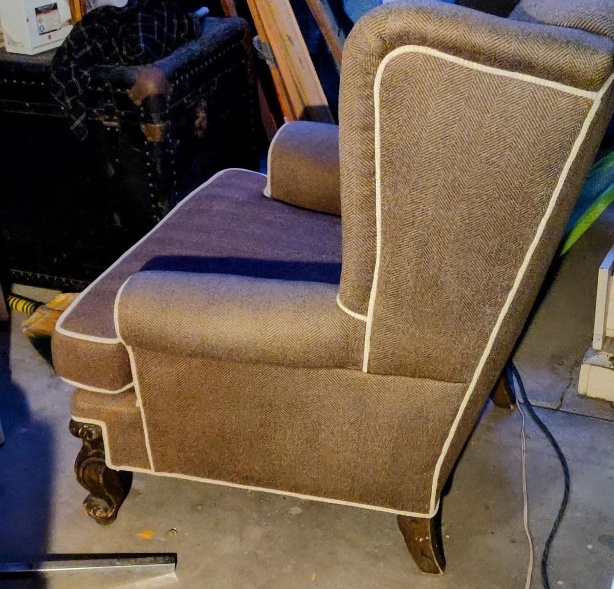 Classic Wingback Lounge Chair Upholstered in Brown & Gray Herringbone and Cream Piping - Thumbnail 5