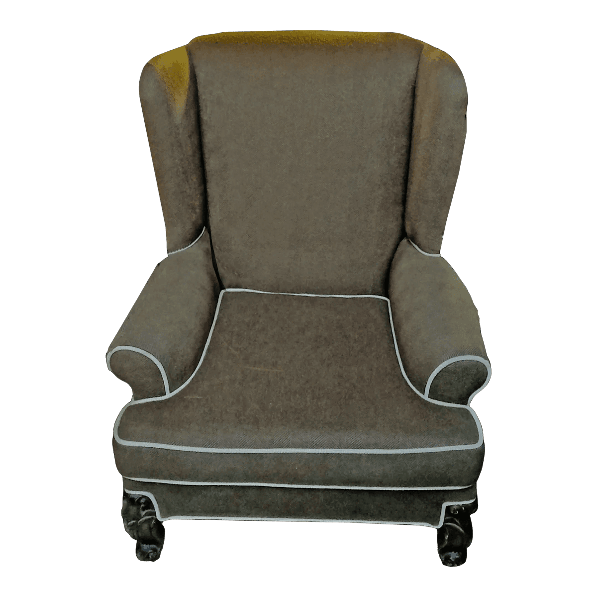 Classic Wingback Lounge Chair Upholstered in Brown & Gray Herringbone and Cream Piping - Thumbnail 2