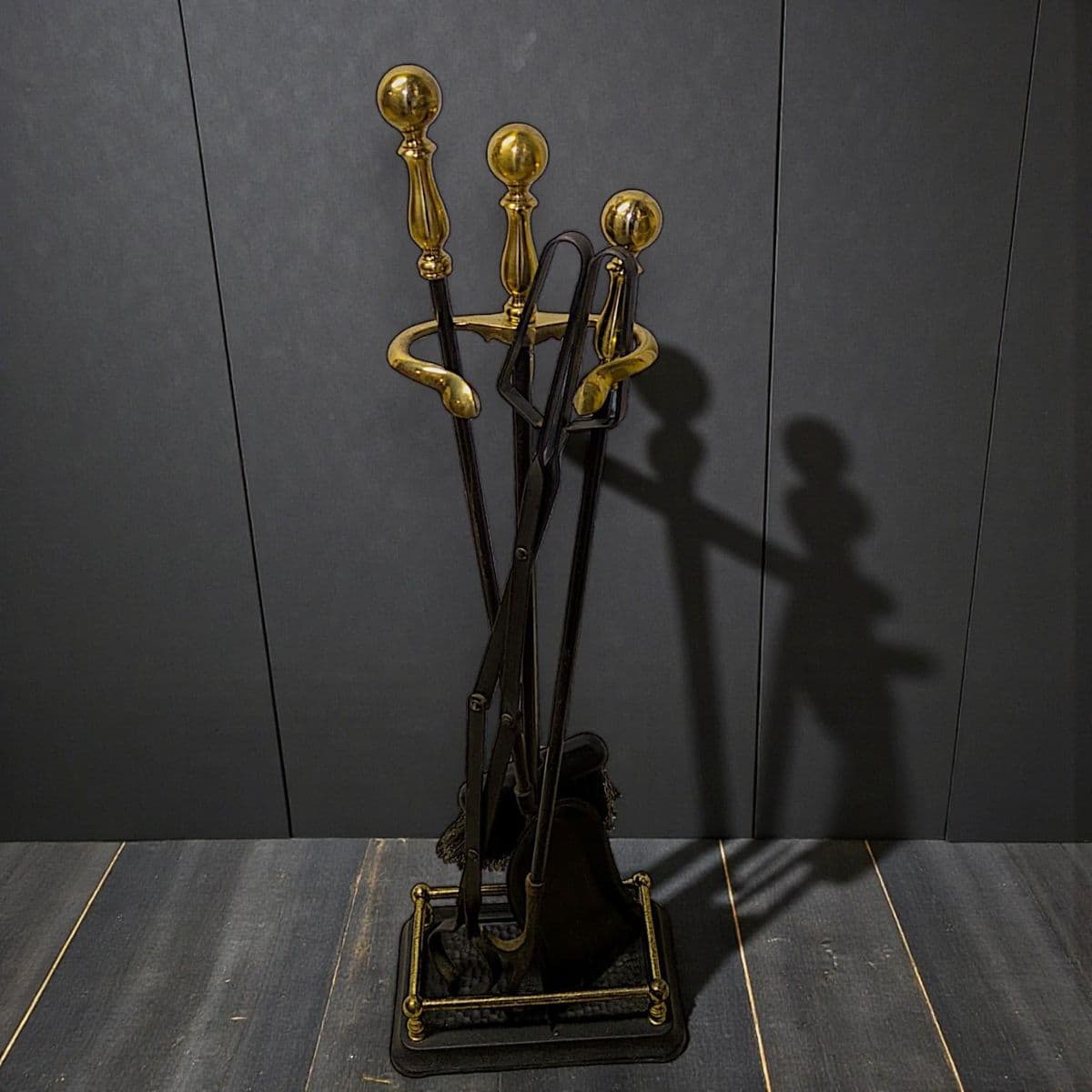 Black Iron and Polished Brass Neoclassical Fireplace Grooming Tools - Set of 5 - Thumbnail 4