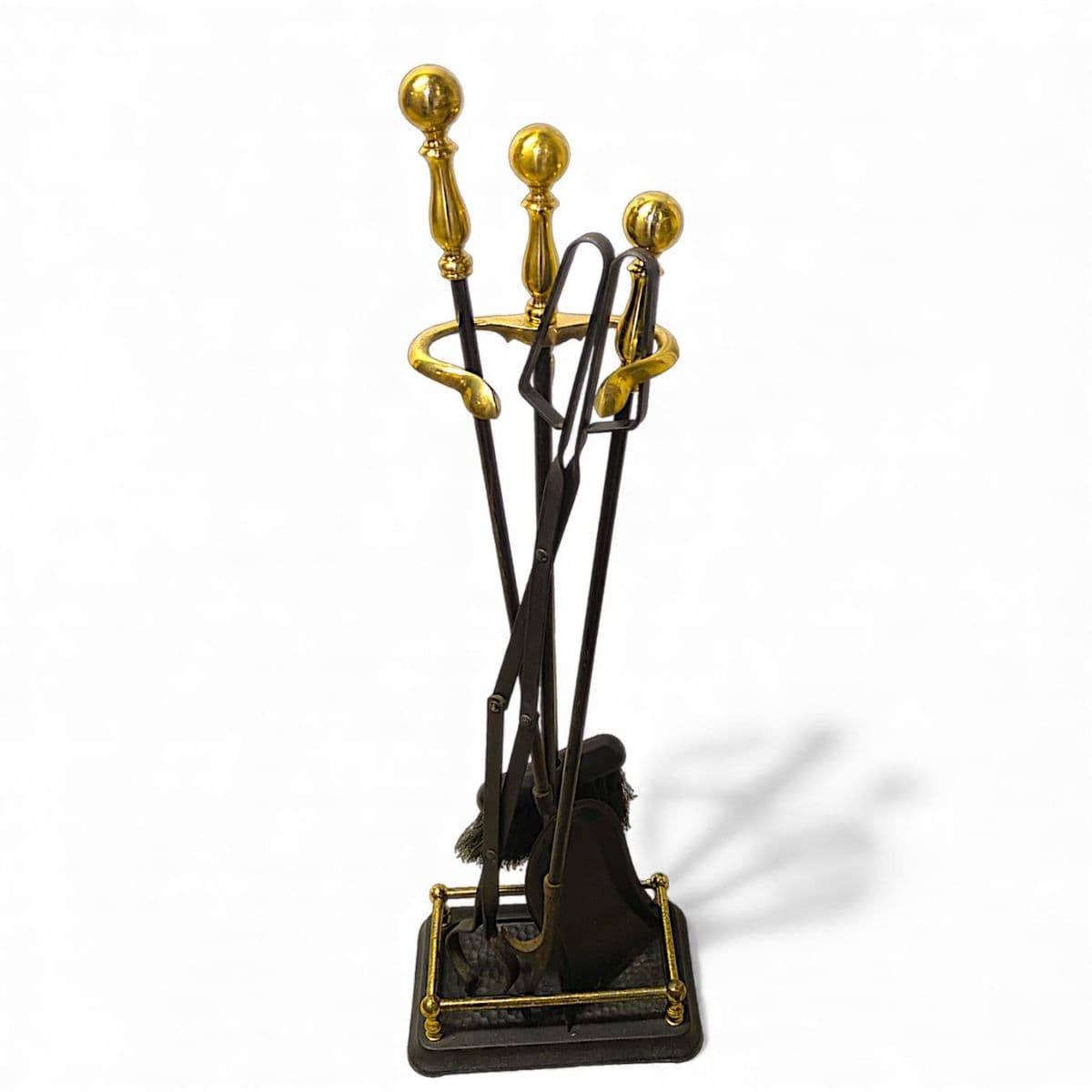 Black Iron and Polished Brass Neoclassical Fireplace Grooming Tools - Set of 5 - Thumbnail 3