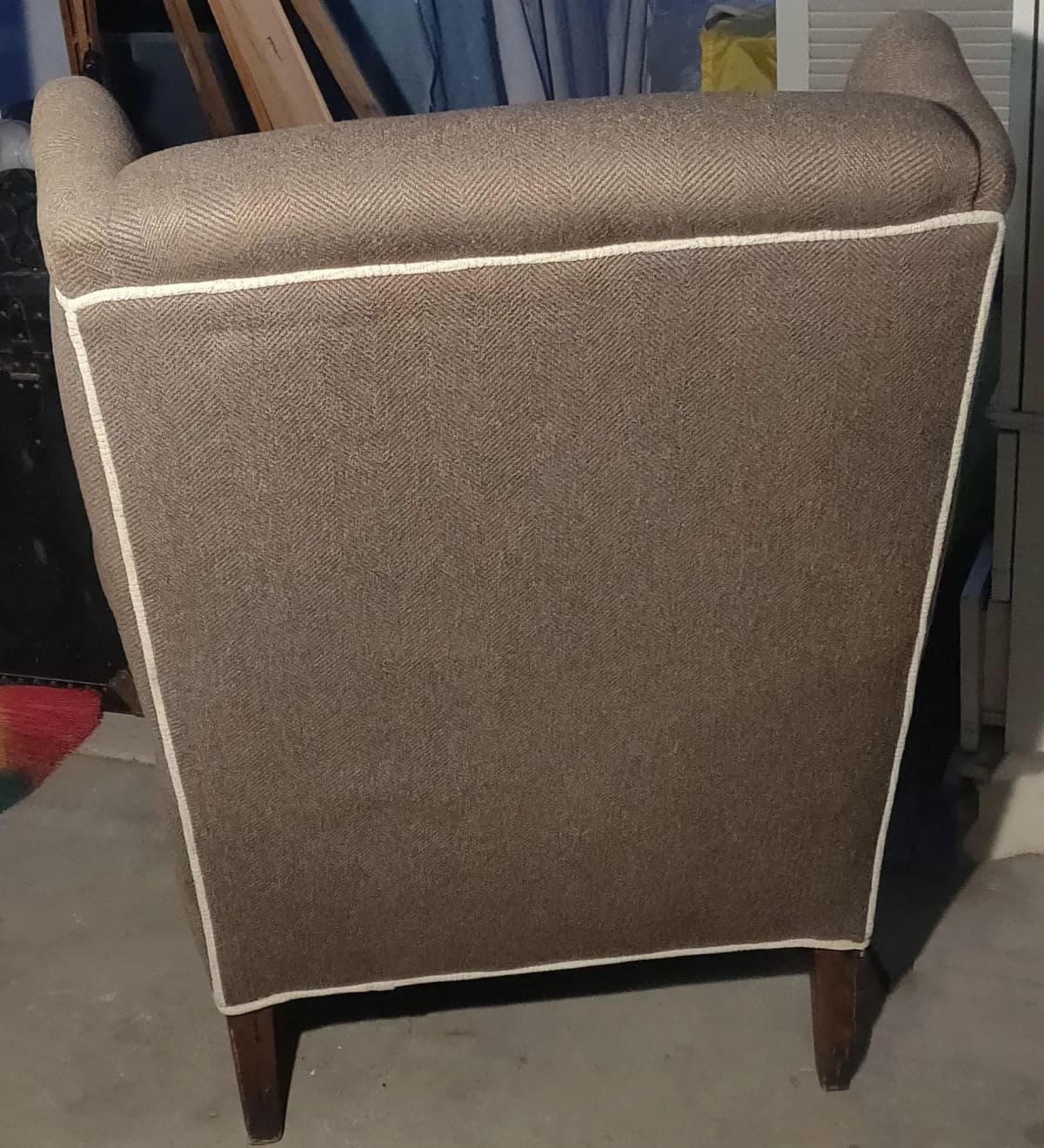 Classic Wingback Lounge Chair Upholstered in Brown & Gray Herringbone and Cream Piping - Thumbnail 6