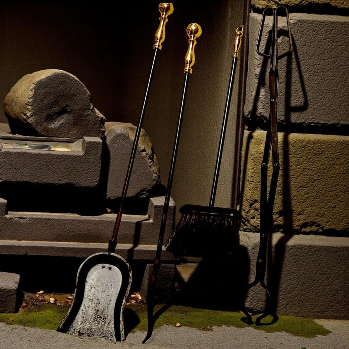 Black Iron and Polished Brass Neoclassical Fireplace Grooming Tools - Set of 5 - Thumbnail 6