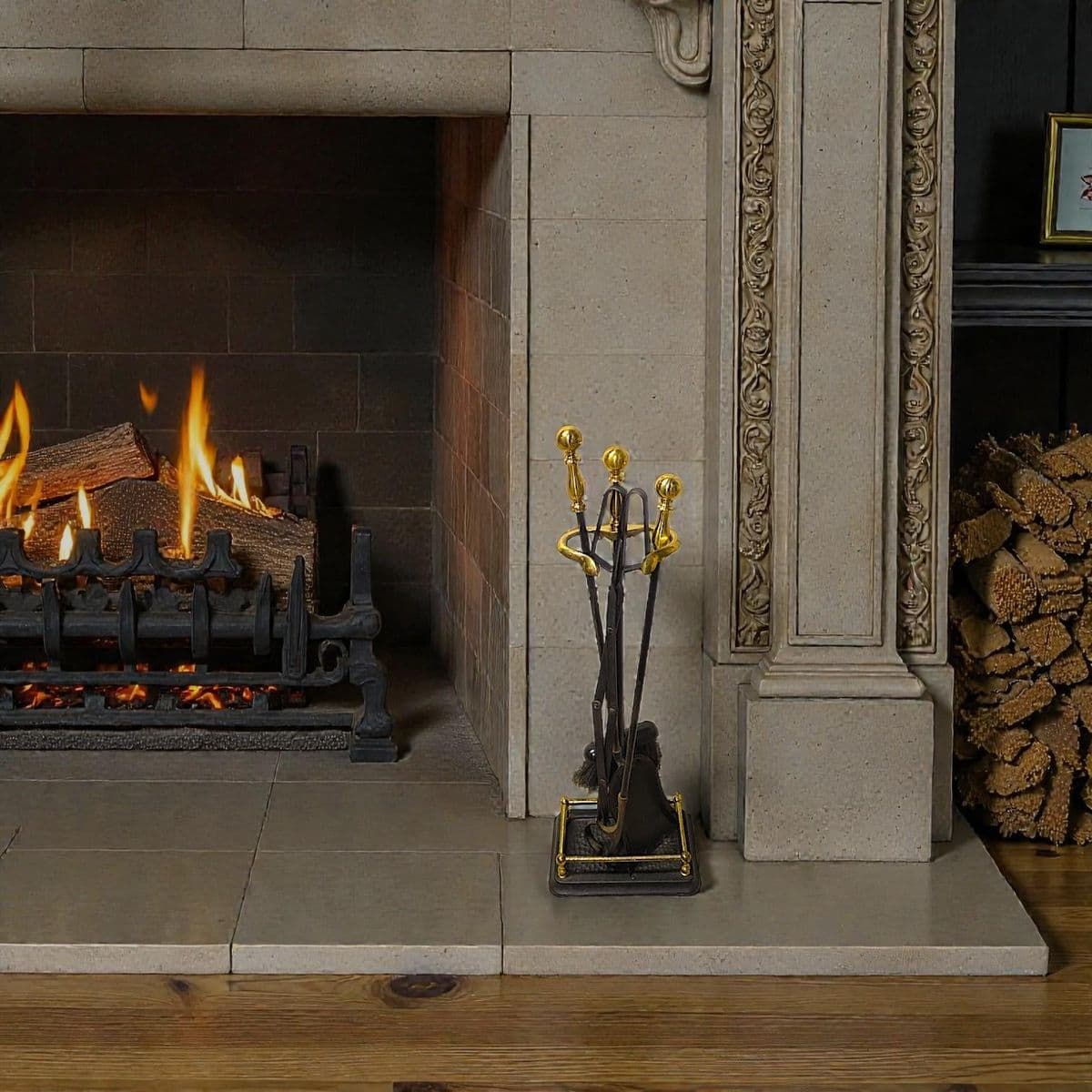 Black Iron and Polished Brass Neoclassical Fireplace Grooming Tools - Set of 5 - Thumbnail 5