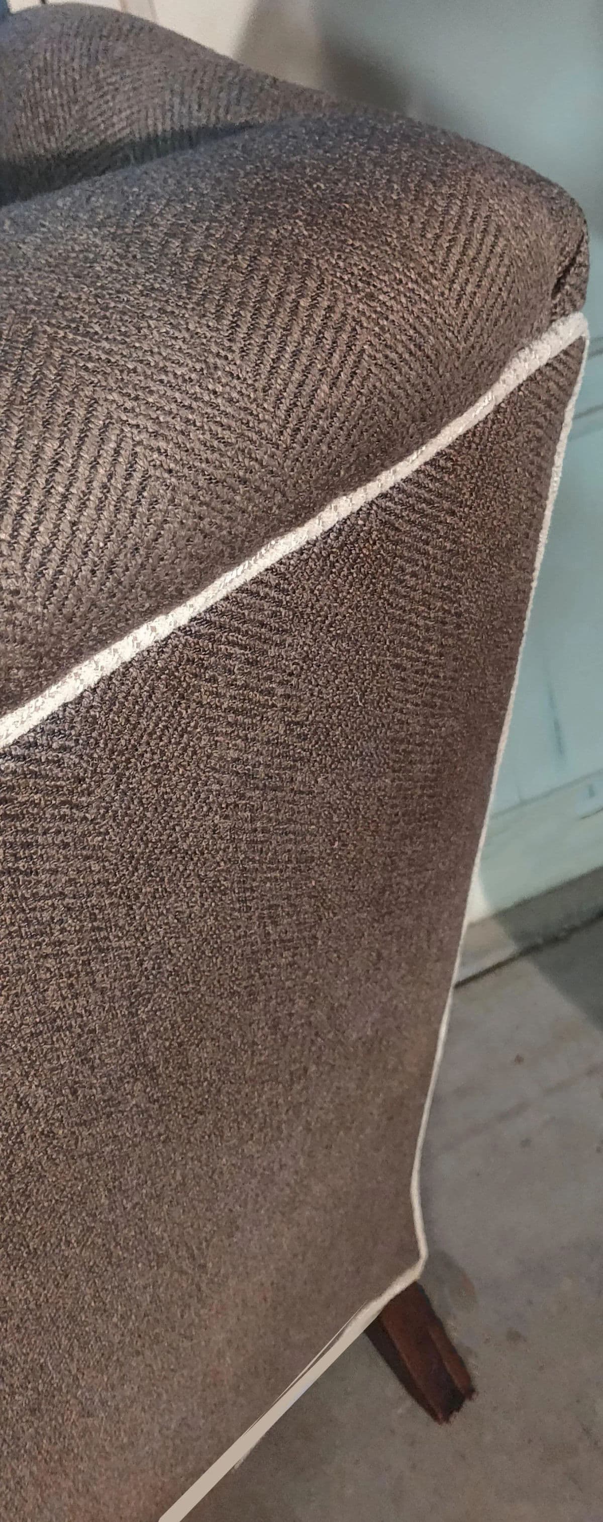 Classic Wingback Lounge Chair Upholstered in Brown & Gray Herringbone and Cream Piping - Thumbnail 8