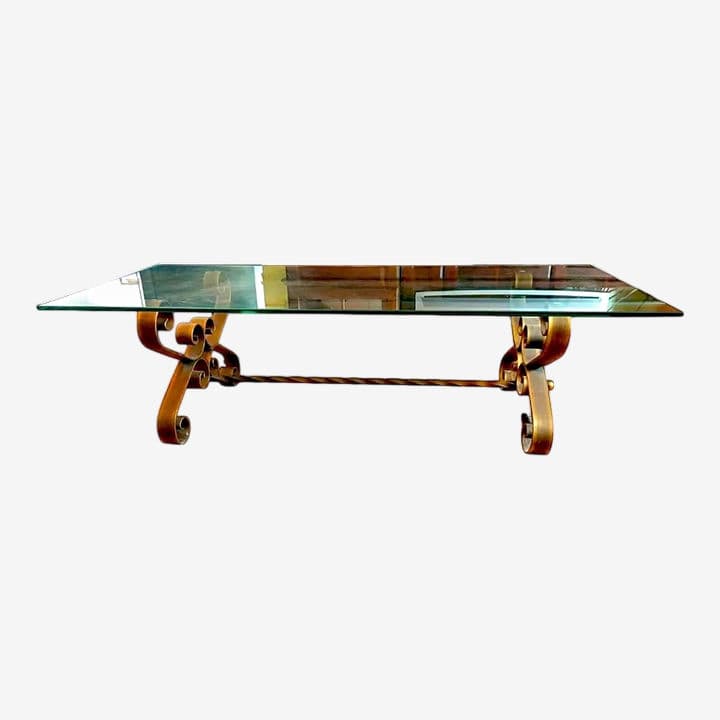 1960s Mid-Century Spanish Revival Gilded Wrought Iron Rectangular Glass Topped Coffee Table - Image 1