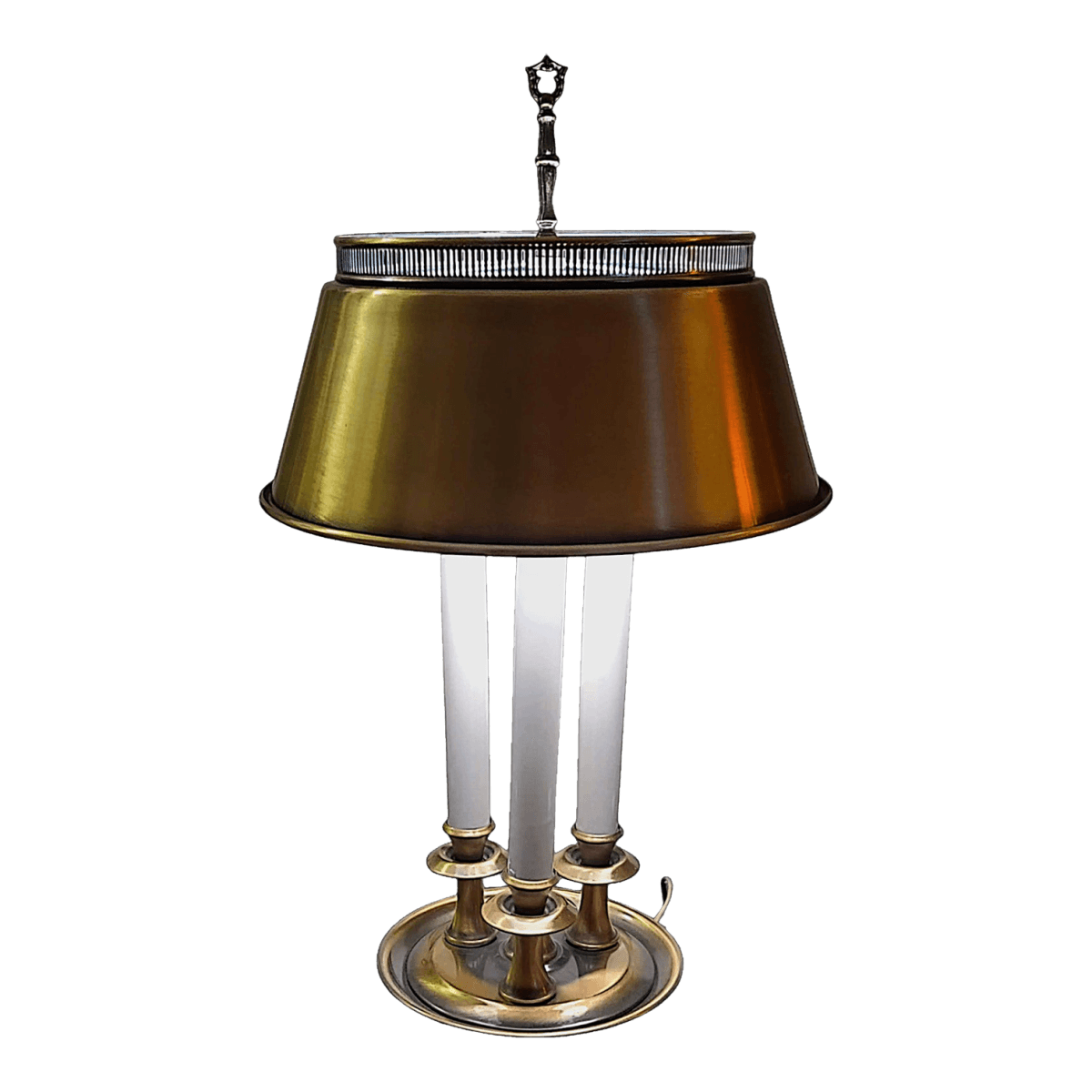 1990s Reproduction 3 Stick French Bouillotte Table Lamp With Bronze Toned Tole Shade - Thumbnail 2