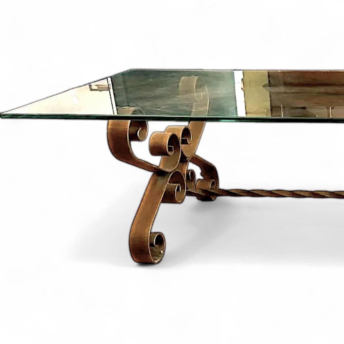 1960s Mid-Century Spanish Revival Gilded Wrought Iron Rectangular Glass Topped Coffee Table - Thumbnail 3