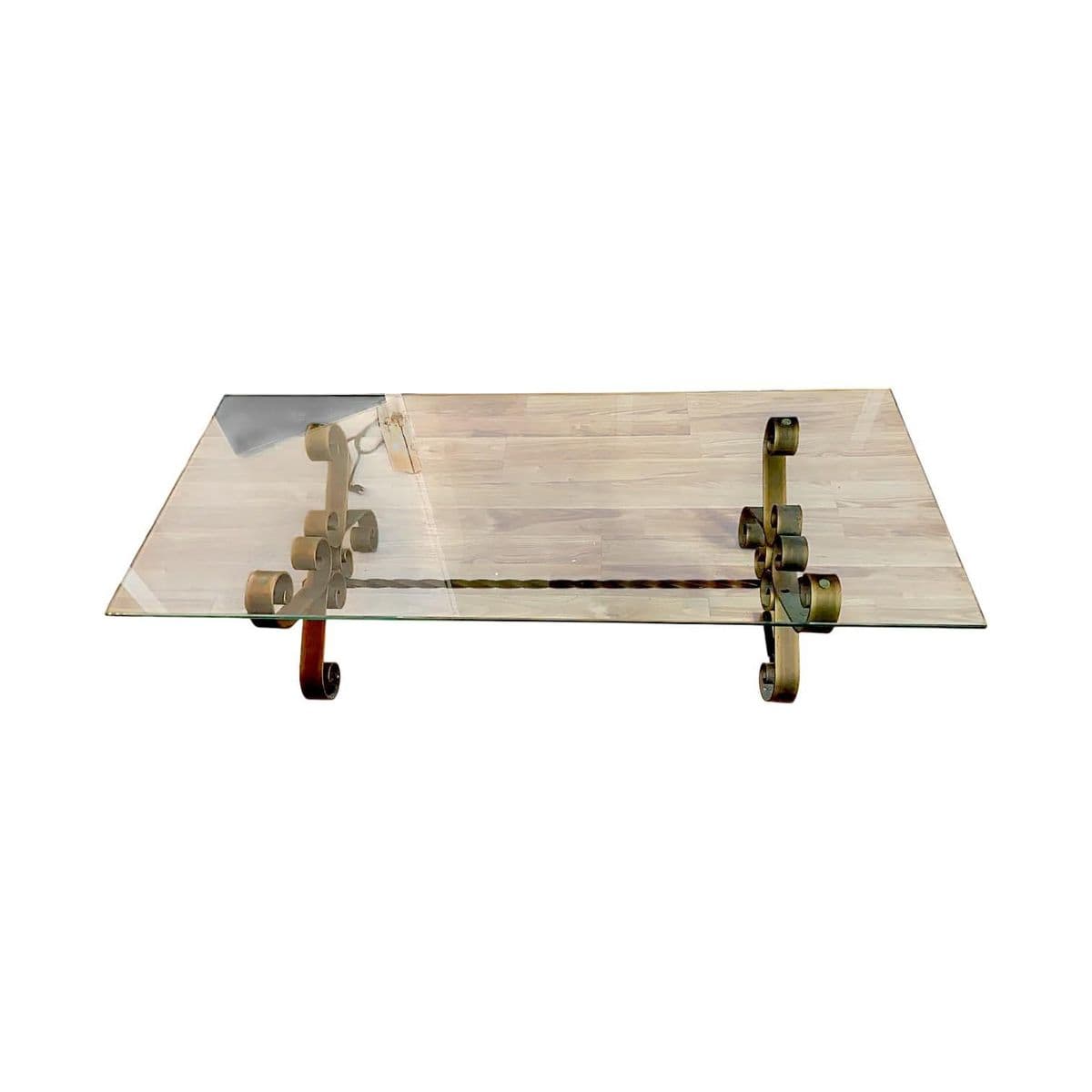 1960s Mid-Century Spanish Revival Gilded Wrought Iron Rectangular Glass Topped Coffee Table - Thumbnail 6