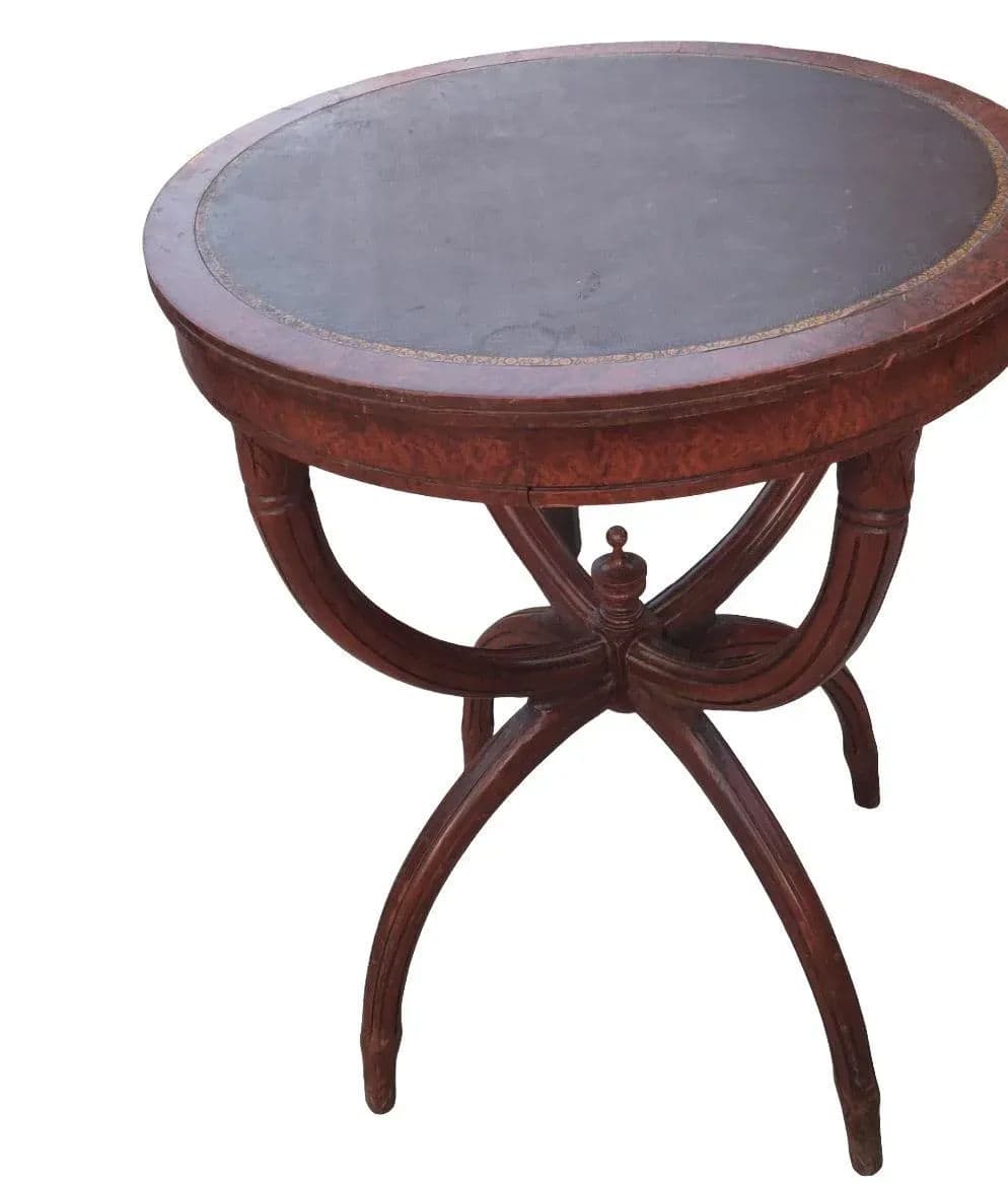 Vintage 1940s Round Mahogany & Tooled Leather Topped Side Table With Spider Legs - Thumbnail 4