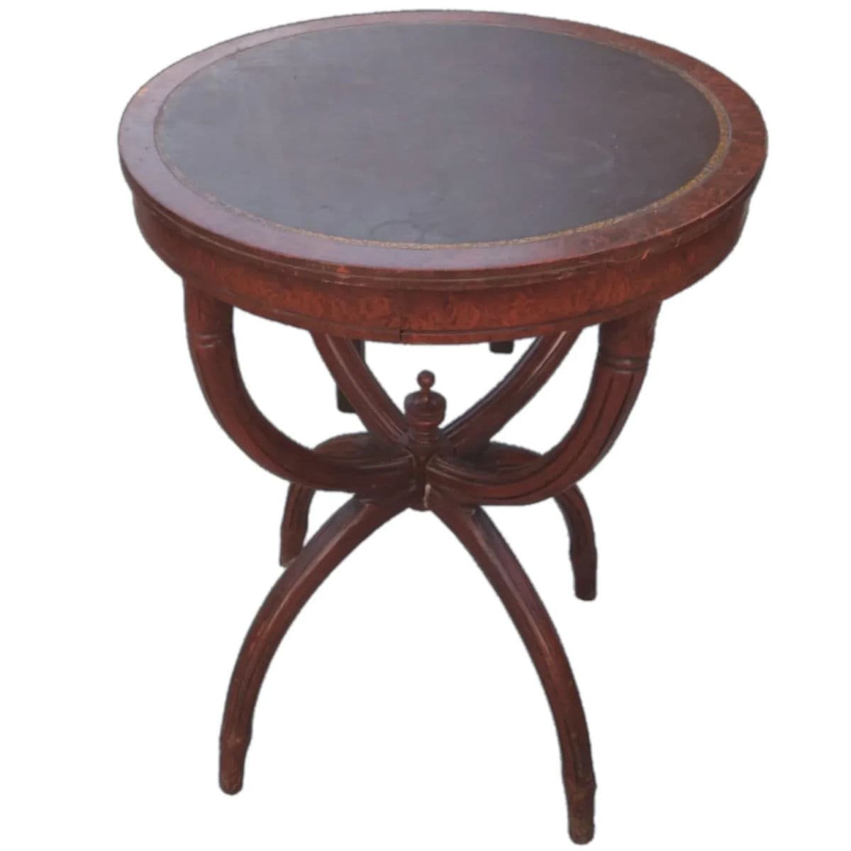 Vintage 1940s Round Mahogany & Tooled Leather Topped Side Table With Spider Legs - Thumbnail 3