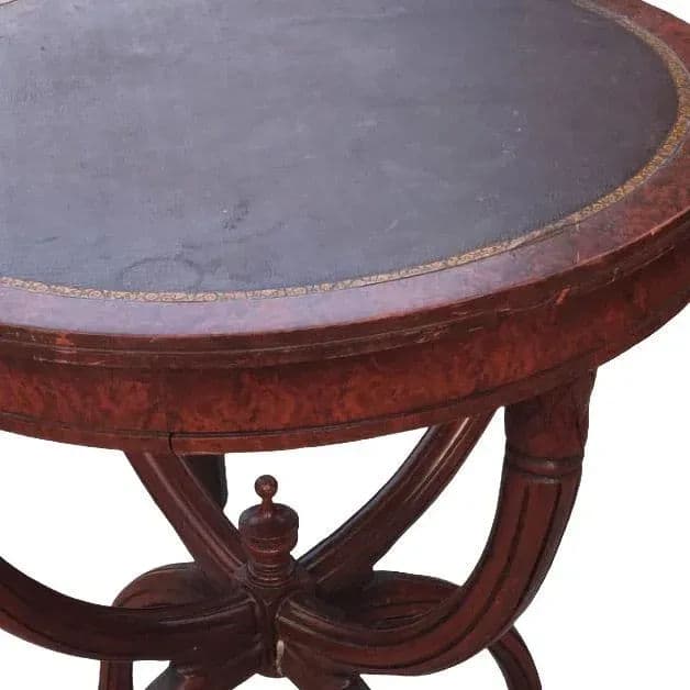 Vintage 1940s Round Mahogany & Tooled Leather Topped Side Table With Spider Legs - Thumbnail 9
