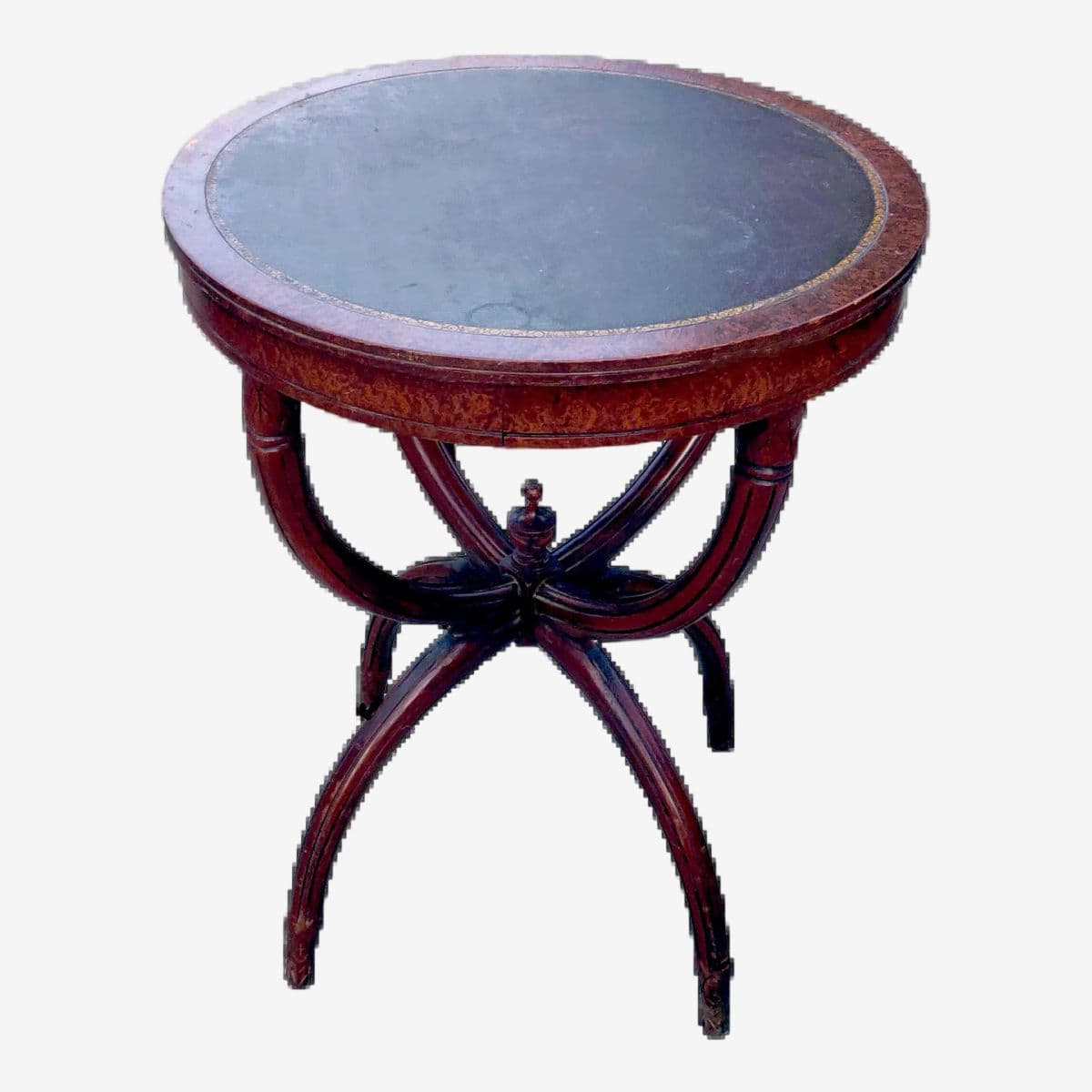 Vintage 1940s Round Mahogany & Tooled Leather Topped Side Table With Spider Legs - Image 1