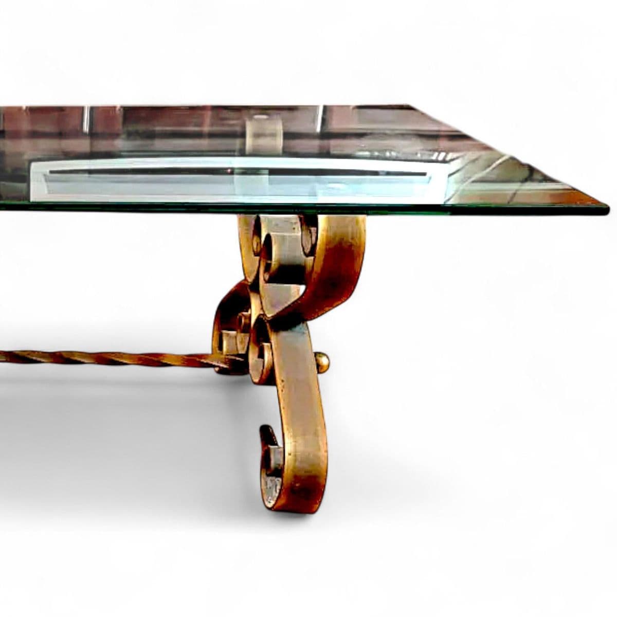 1960s Mid-Century Spanish Revival Gilded Wrought Iron Rectangular Glass Topped Coffee Table - Thumbnail 4