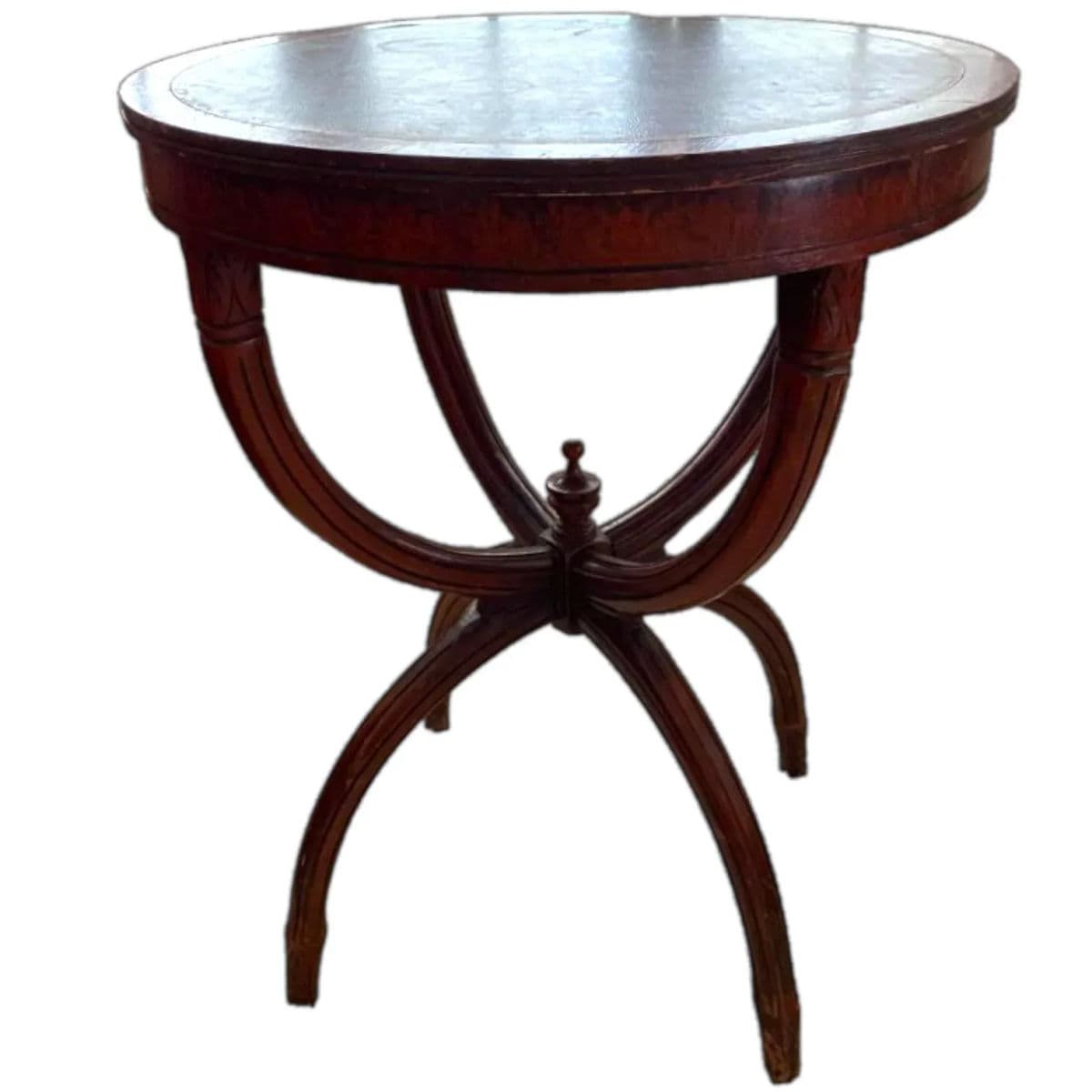 Vintage 1940s Round Mahogany & Tooled Leather Topped Side Table With Spider Legs - Thumbnail 5
