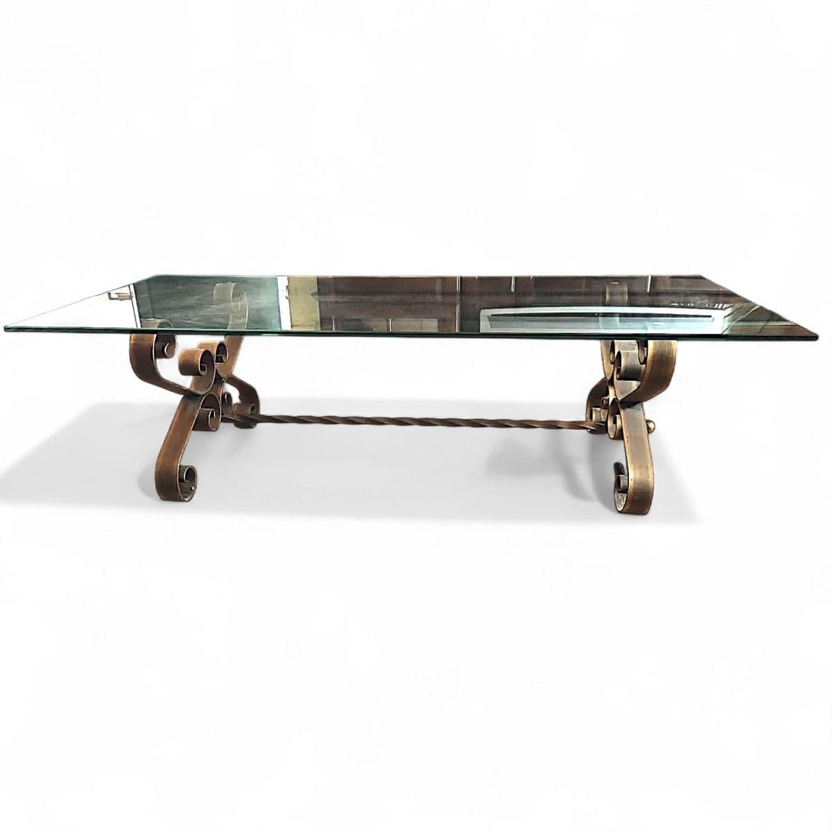 1960s Mid-Century Spanish Revival Gilded Wrought Iron Rectangular Glass Topped Coffee Table - Thumbnail 7