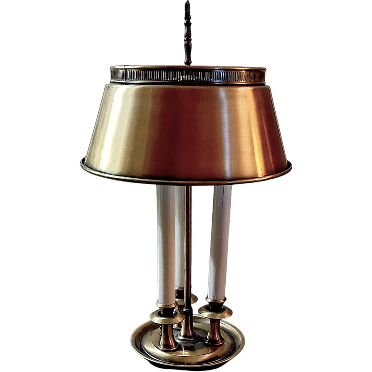 1990s Reproduction 3 Stick French Bouillotte Table Lamp With Bronze Toned Tole Shade - Thumbnail 3