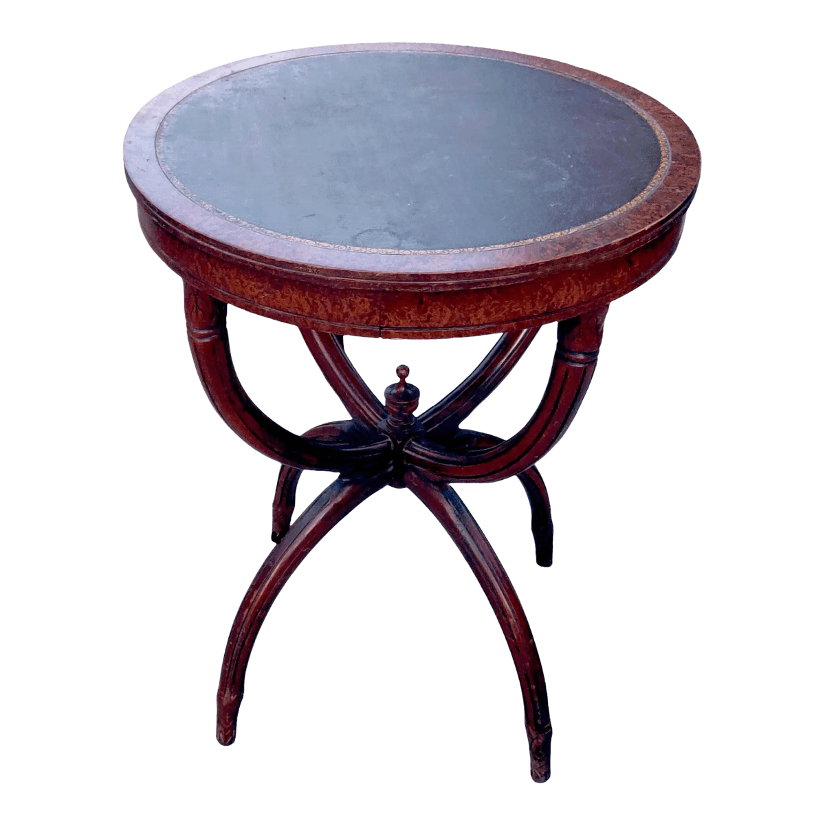 Vintage 1940s Round Mahogany & Tooled Leather Topped Side Table With Spider Legs - Thumbnail 2