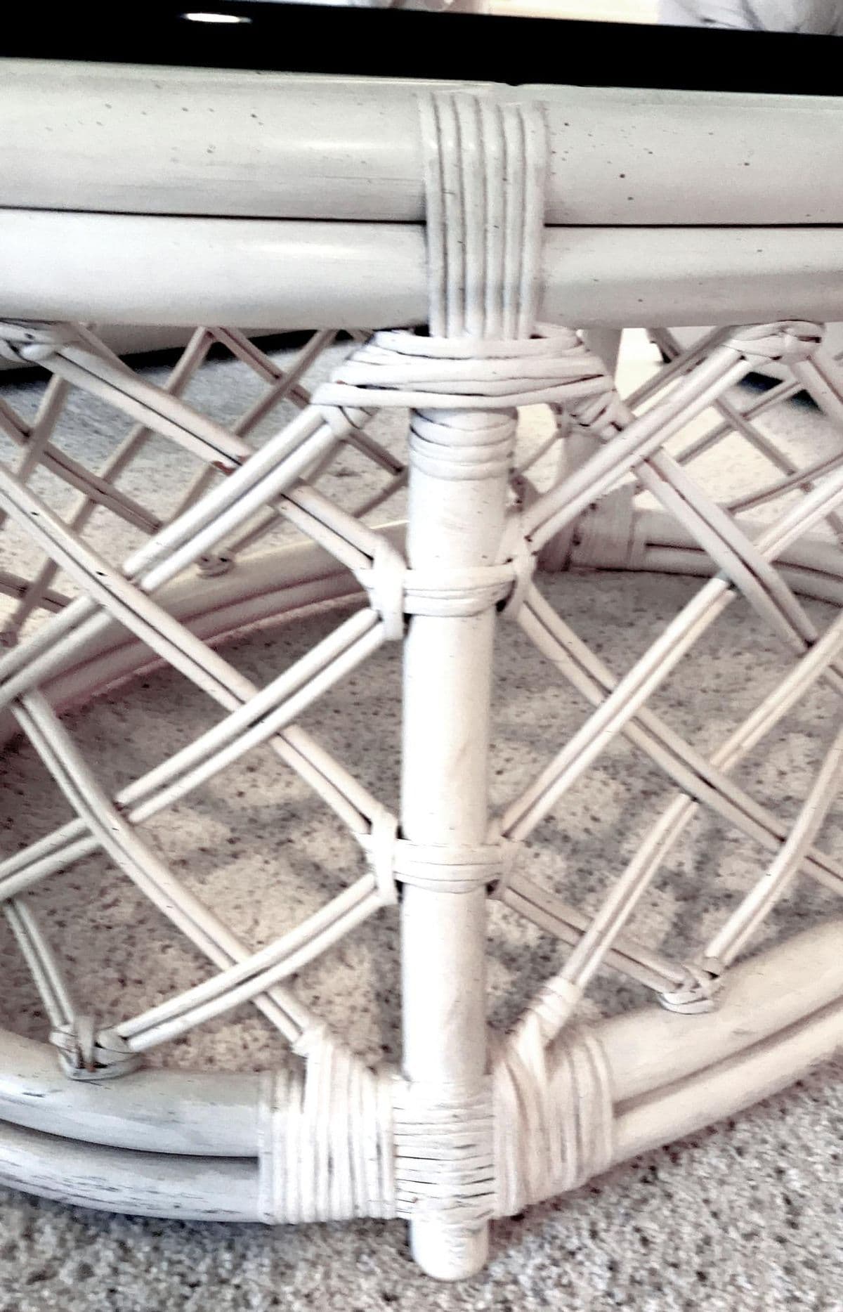 80s Boho Off-White Lattice Rattan Glass Top Oval McGuire Style Coffee Table - Thumbnail 4