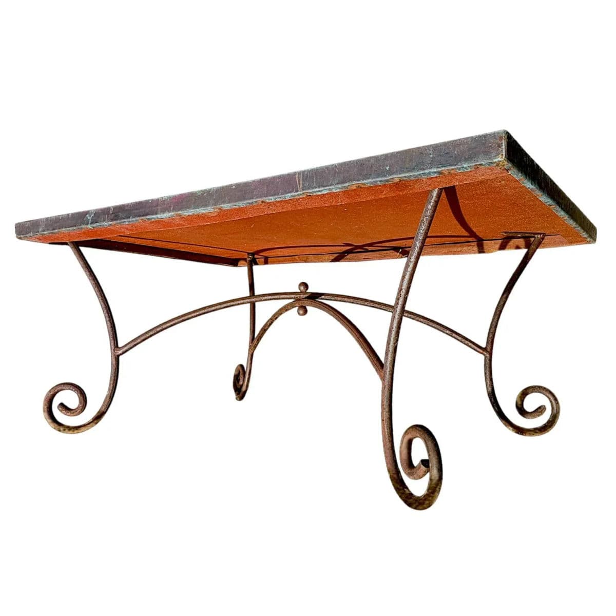 1970s Belle Époque Style Outdoor Metal Over Wood and Wrought Iron Patio Coffee Table - Thumbnail 5