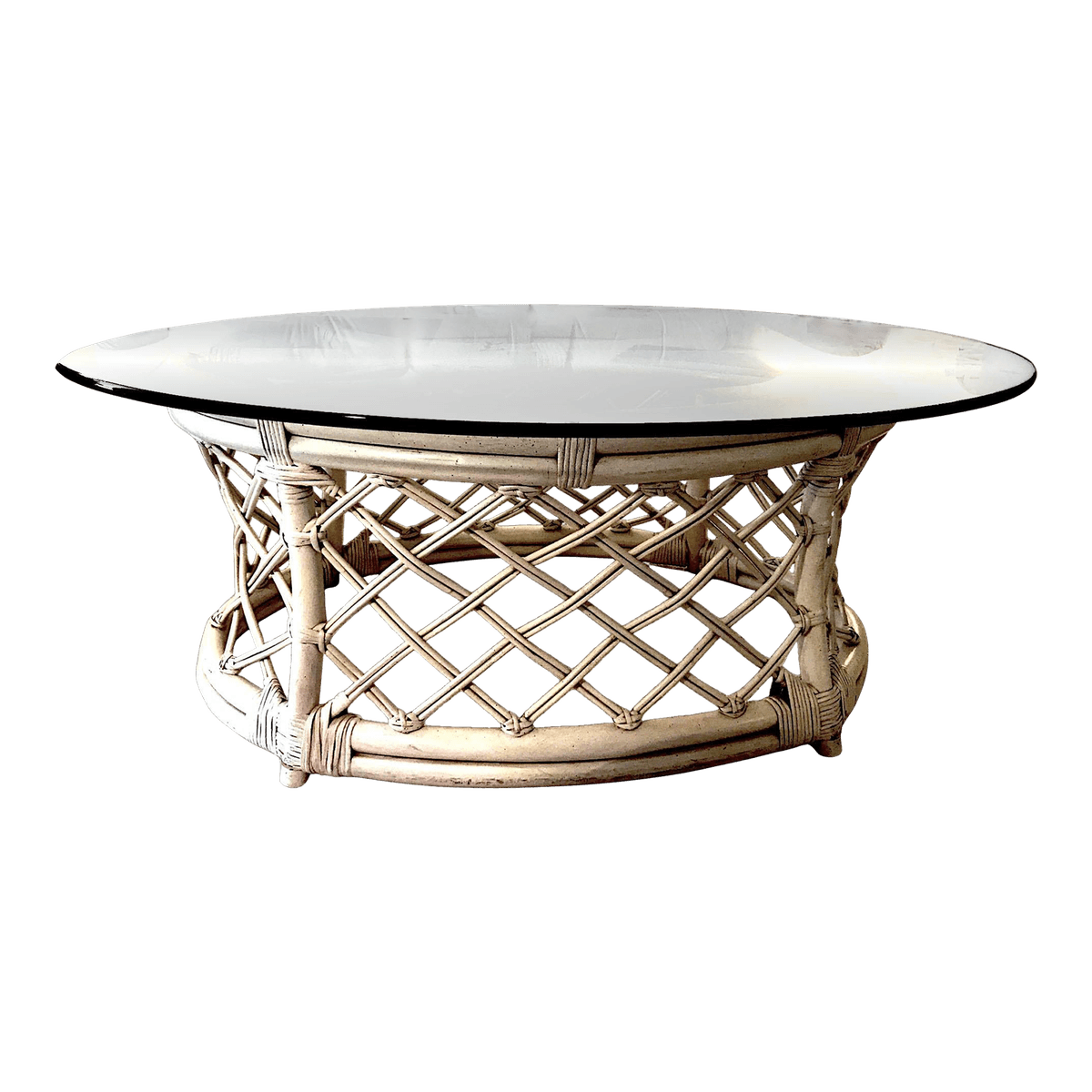 80s Boho Off-White Lattice Rattan Glass Top Oval McGuire Style Coffee Table - Thumbnail 2