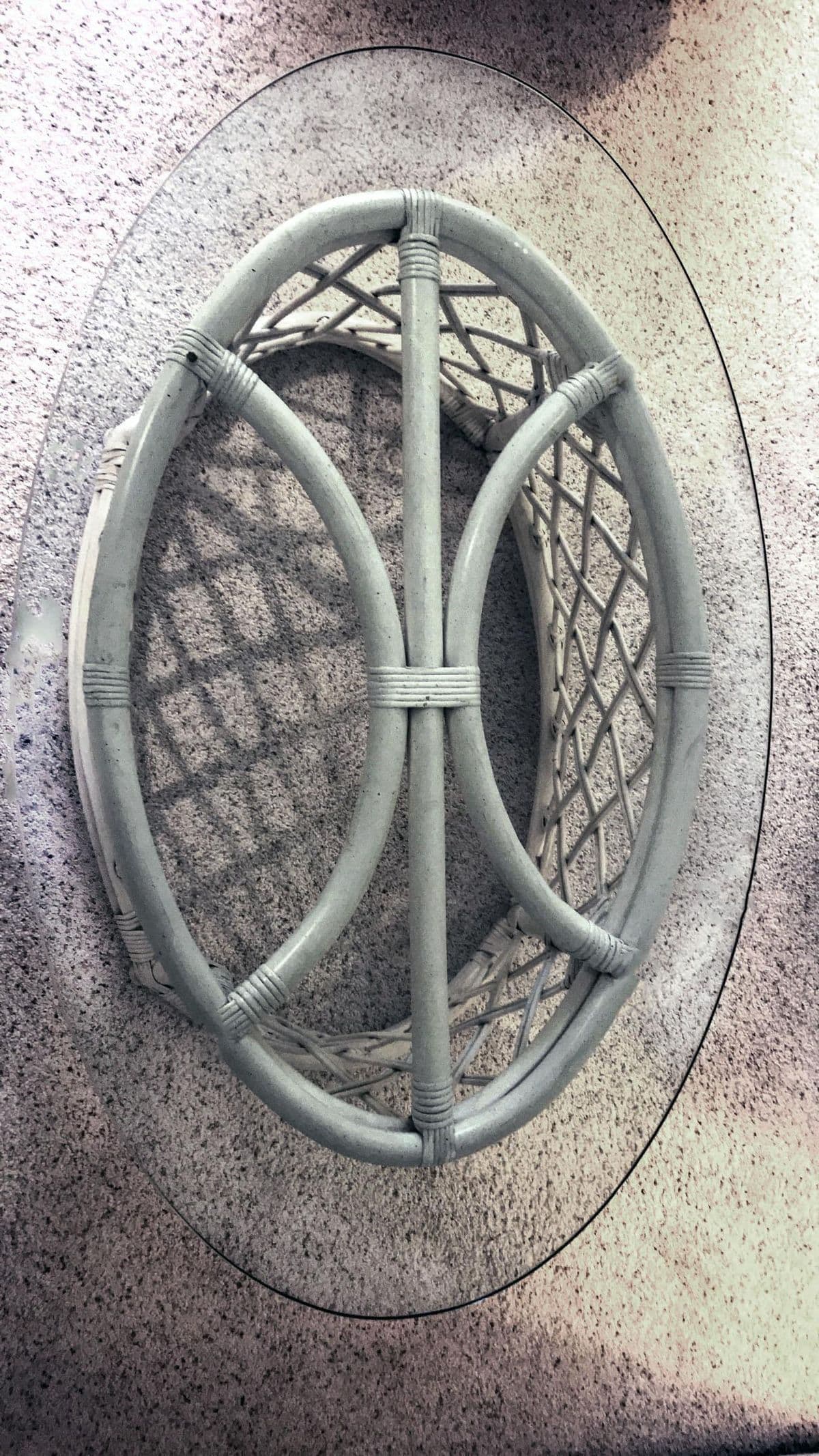 80s Boho Off-White Lattice Rattan Glass Top Oval McGuire Style Coffee Table - Thumbnail 5