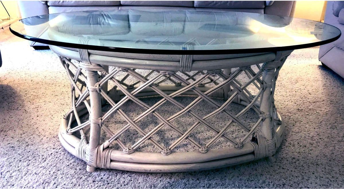 80s Boho Off-White Lattice Rattan Glass Top Oval McGuire Style Coffee Table - Thumbnail 12