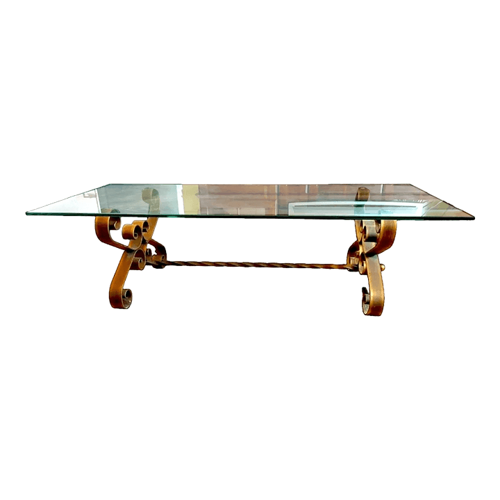 1960s Mid-Century Spanish Revival Gilded Wrought Iron Rectangular Glass Topped Coffee Table - Thumbnail 2