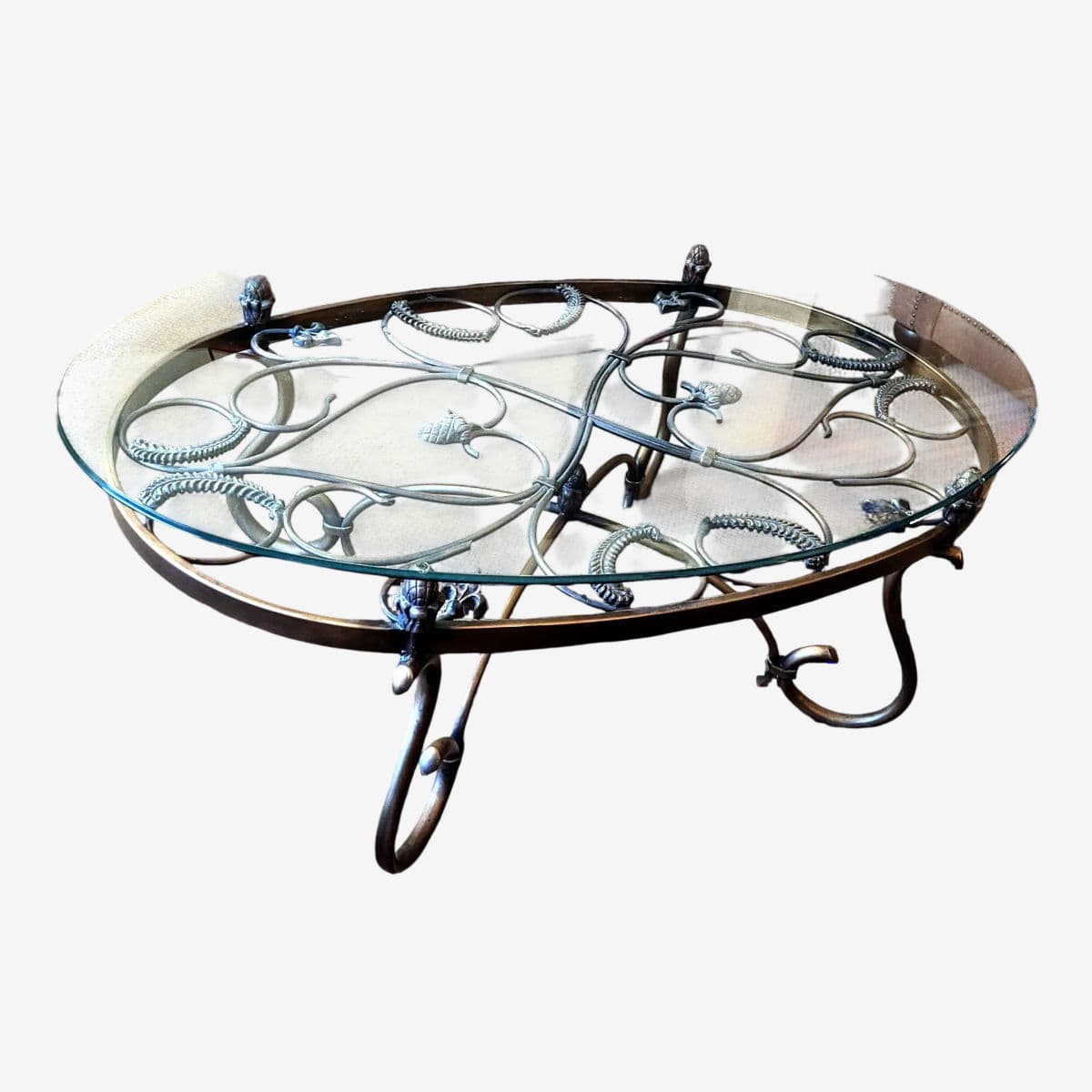 1990a Rustic Hand Wrought Iron & Tempered Glass Large Oval Coffee Table - Image 1