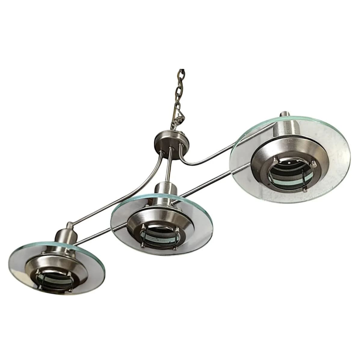 1990s Mid-Century Modern Brushed Nickel and Glass Trople-Light Pendant Chandelier - Thumbnail 3