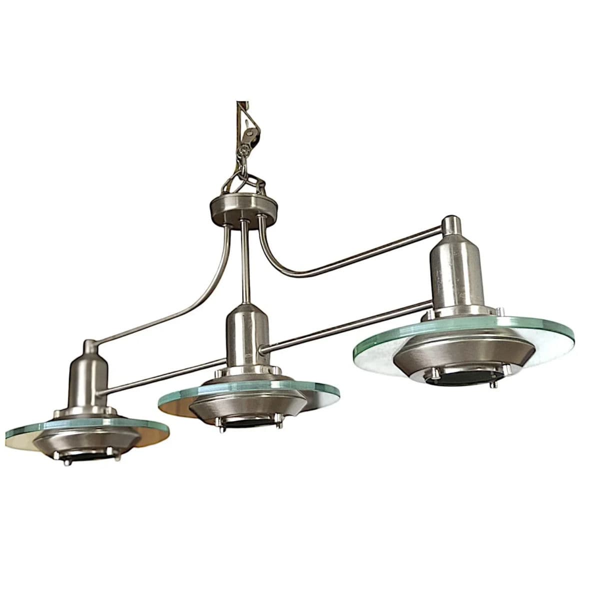 1990s Mid-Century Modern Brushed Nickel and Glass Trople-Light Pendant Chandelier - Thumbnail 4