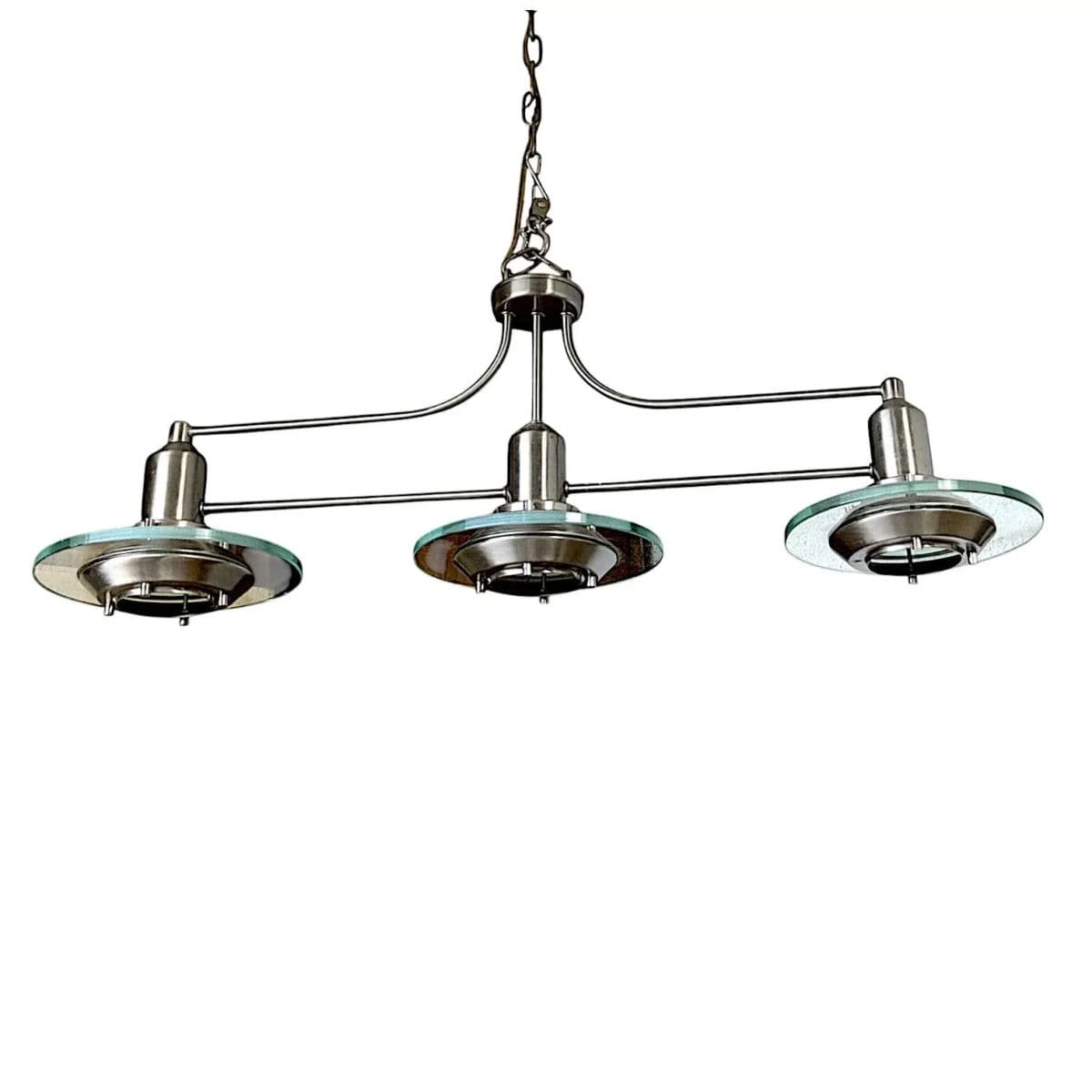 1990s Mid-Century Modern Brushed Nickel and Glass Trople-Light Pendant Chandelier - Thumbnail 5
