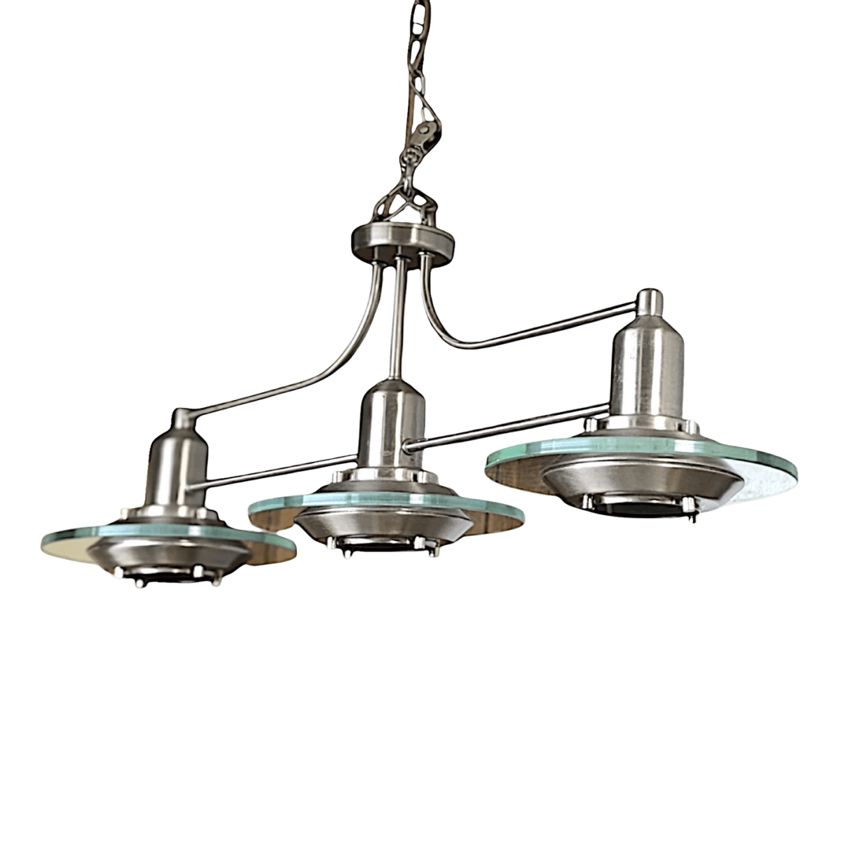 1990s Mid-Century Modern Brushed Nickel and Glass Trople-Light Pendant Chandelier - Thumbnail 2