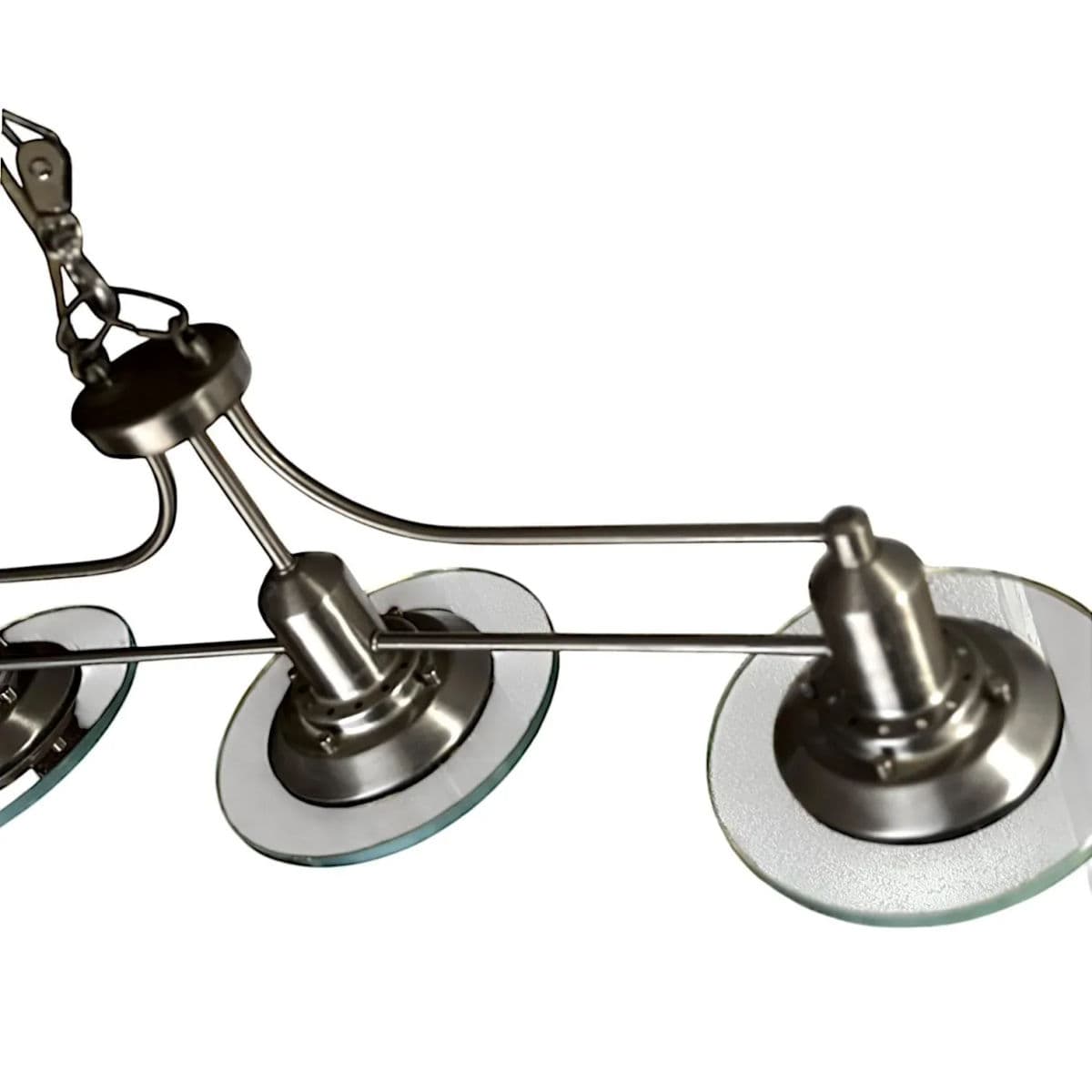 1990s Mid-Century Modern Brushed Nickel and Glass Trople-Light Pendant Chandelier - Thumbnail 8