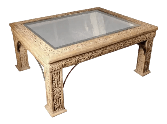 1970s Carved Faux Stone Coffee Table With Beveled Glass Top Inlay - Thumbnail 2