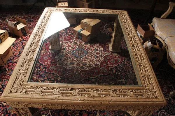 1970s Carved Faux Stone Coffee Table With Beveled Glass Top Inlay - Thumbnail 4