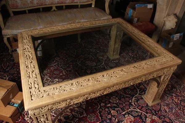 1970s Carved Faux Stone Coffee Table With Beveled Glass Top Inlay - Thumbnail 7