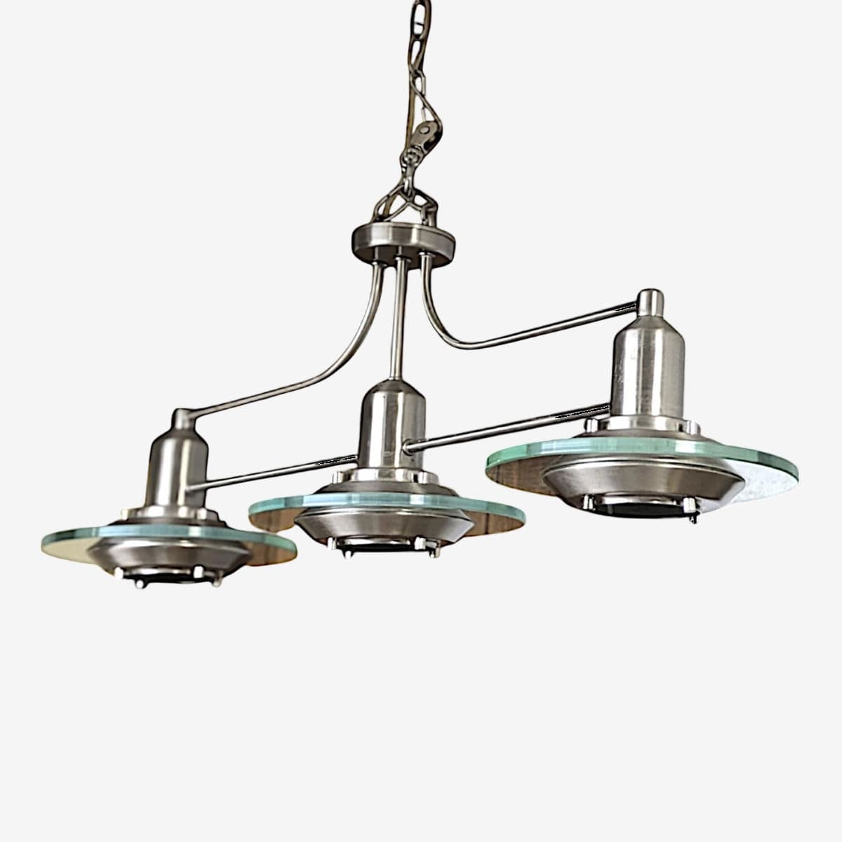 1990s Mid-Century Modern Brushed Nickel and Glass Trople-Light Pendant Chandelier - Image 1