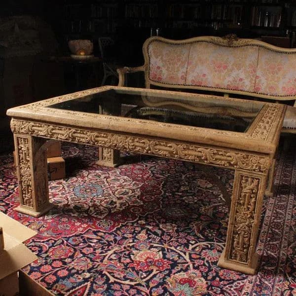 1970s Carved Faux Stone Coffee Table With Beveled Glass Top Inlay - Thumbnail 5