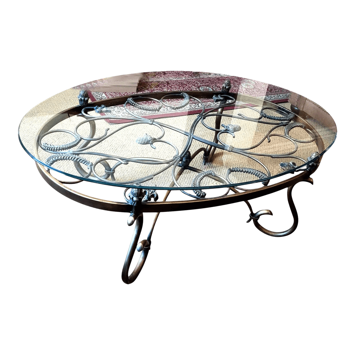 1990a Rustic Hand Wrought Iron & Tempered Glass Large Oval Coffee Table - Thumbnail 2