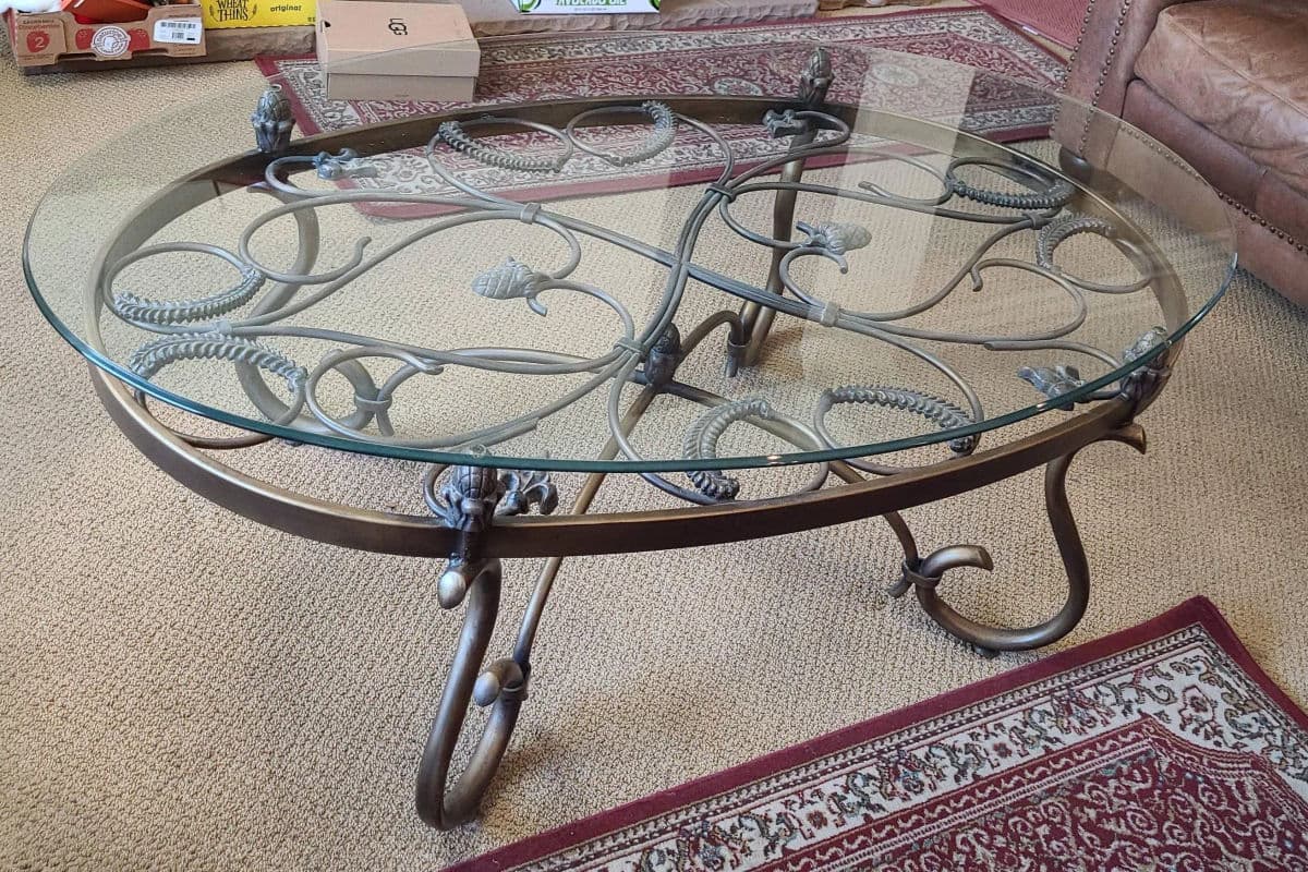 1990a Rustic Hand Wrought Iron & Tempered Glass Large Oval Coffee Table - Thumbnail 8