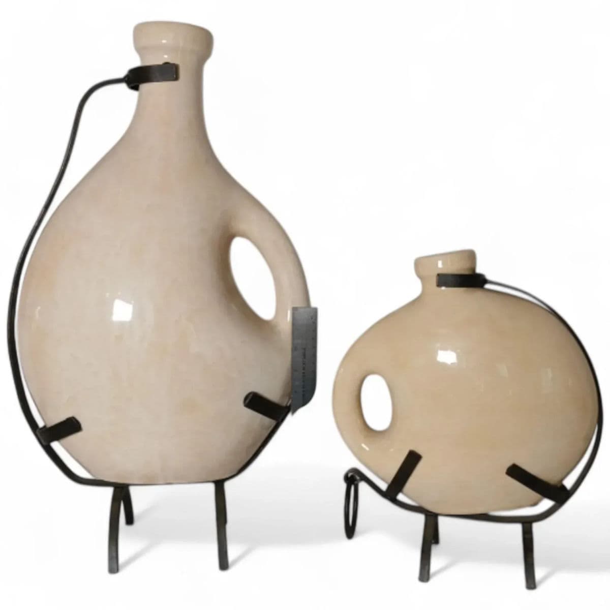 Late 20th Century Large Off-White Decorative Handled Urns With Cast Iron Stands - Set of 2 - Thumbnail 3