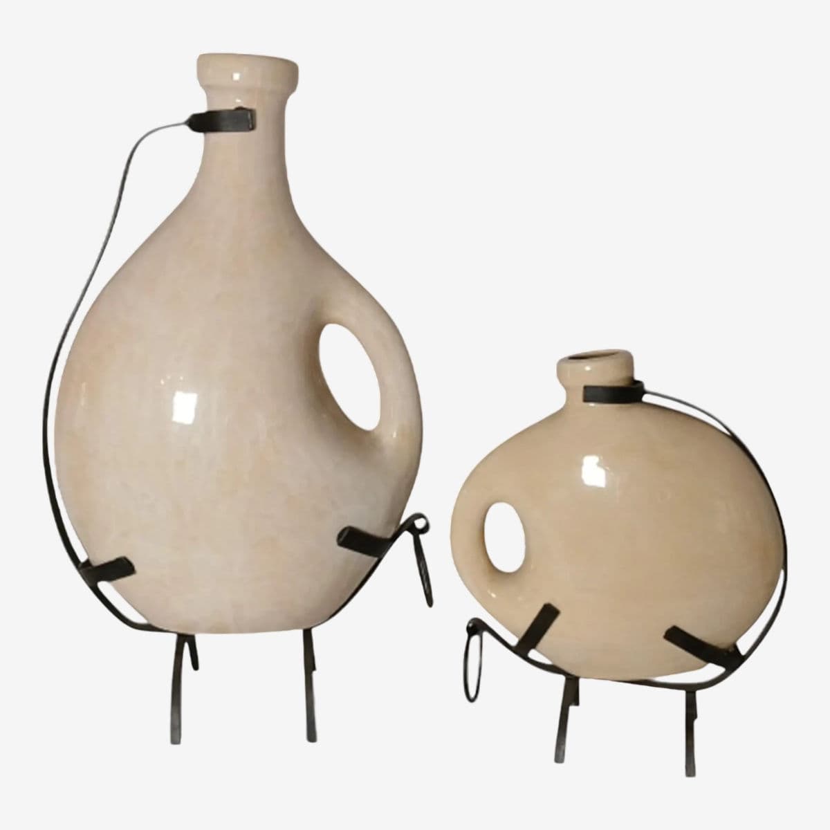 Late 20th Century Large Off-White Decorative Handled Urns With Cast Iron Stands - Set of 2 - Image 1