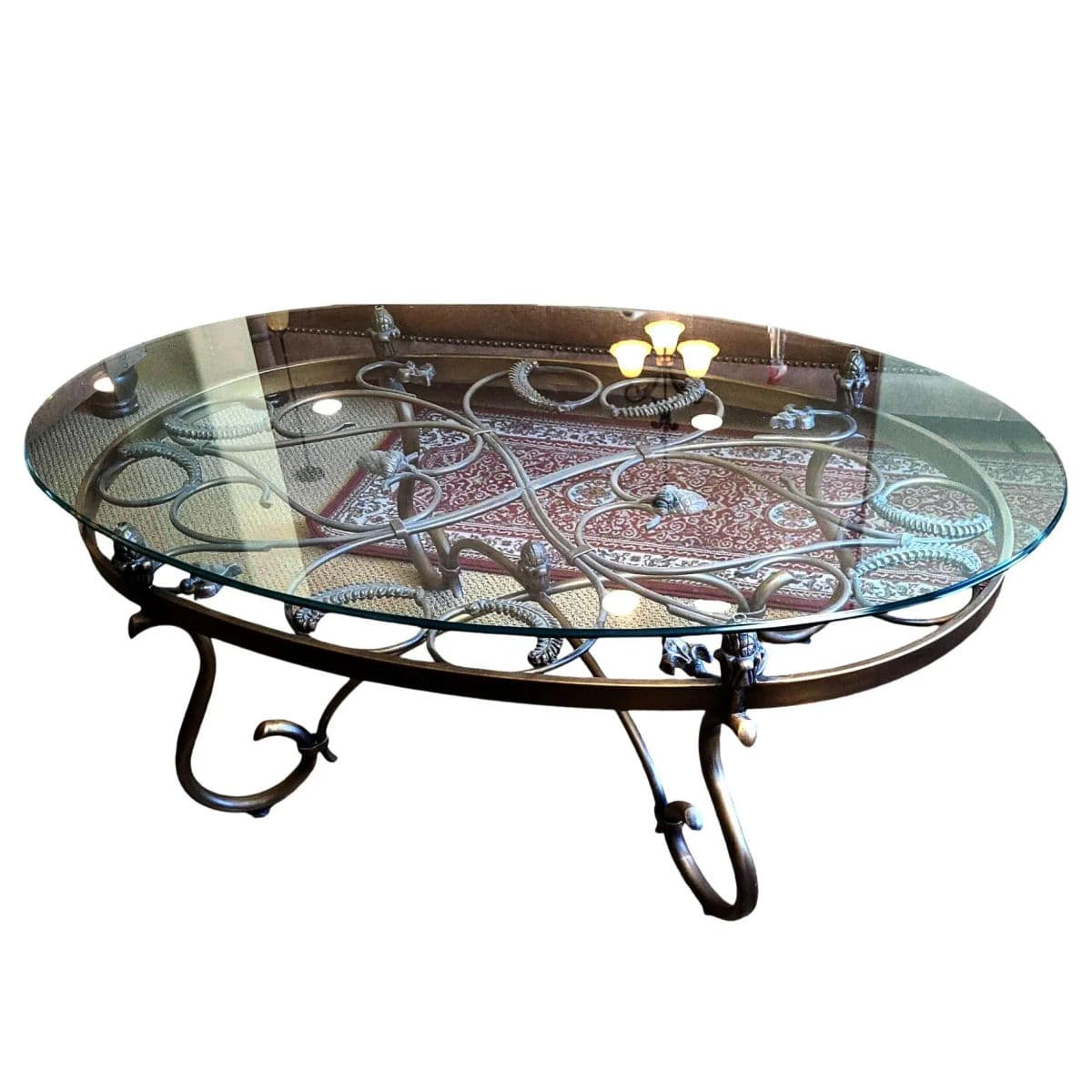 1990a Rustic Hand Wrought Iron & Tempered Glass Large Oval Coffee Table - Thumbnail 3