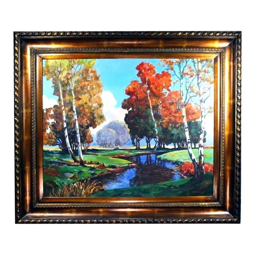 Signed Expressionist Framed Oil Painting Depicting Fall Country Brook in Vivid Colors Circa 1970s - Thumbnail 14