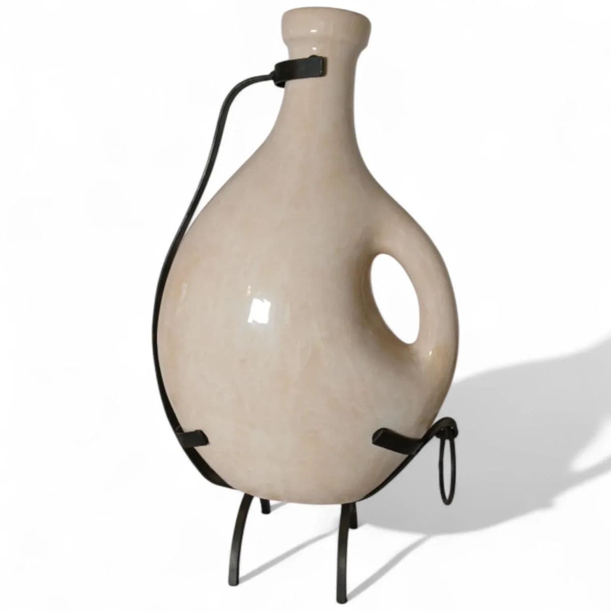 Late 20th Century Large Off-White Decorative Handled Urns With Cast Iron Stands - Set of 2 - Thumbnail 4