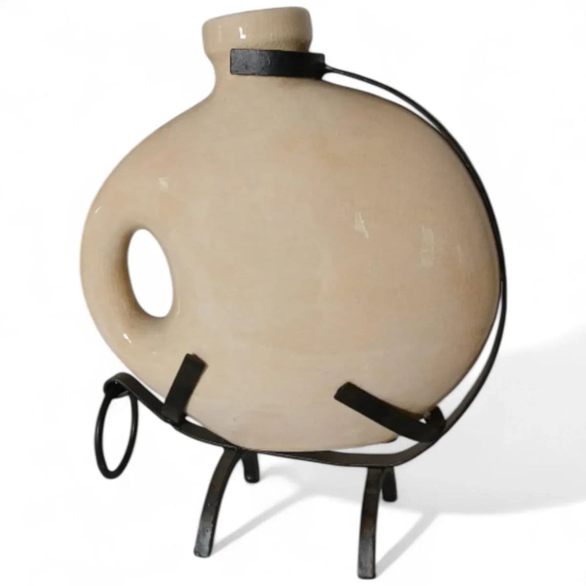 Late 20th Century Large Off-White Decorative Handled Urns With Cast Iron Stands - Set of 2 - Thumbnail 5