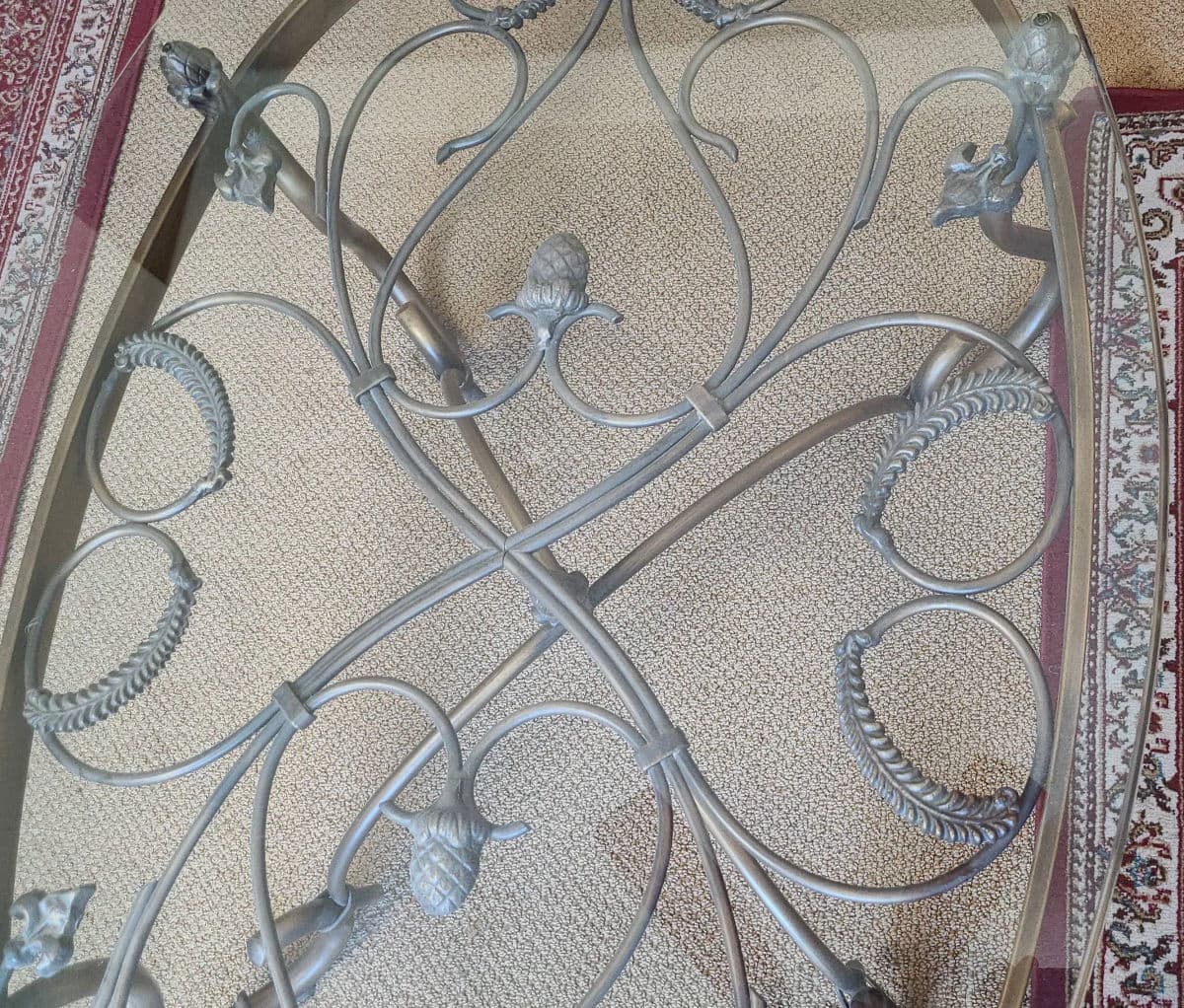 1990a Rustic Hand Wrought Iron & Tempered Glass Large Oval Coffee Table - Thumbnail 6