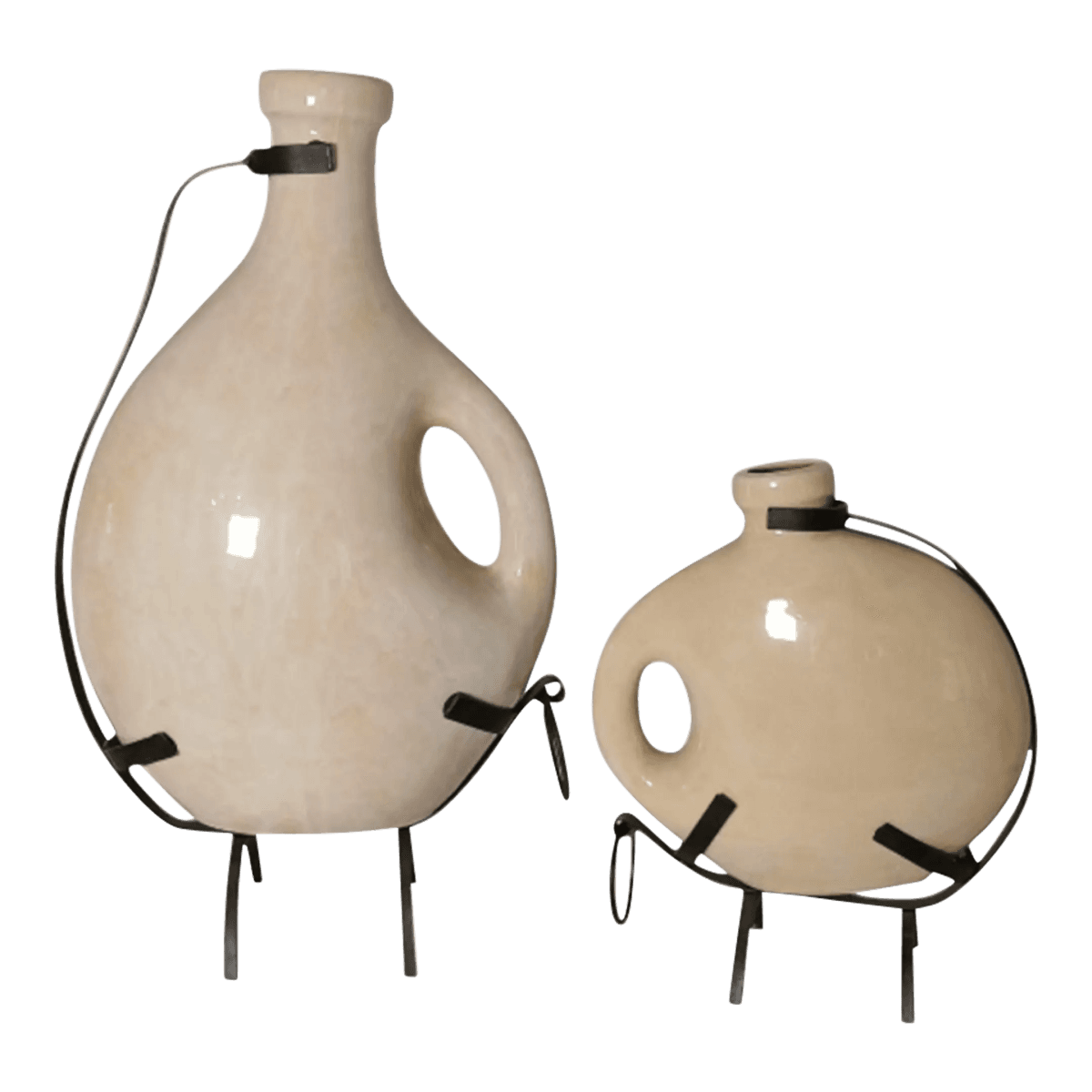 Late 20th Century Large Off-White Decorative Handled Urns With Cast Iron Stands - Set of 2 - Thumbnail 2